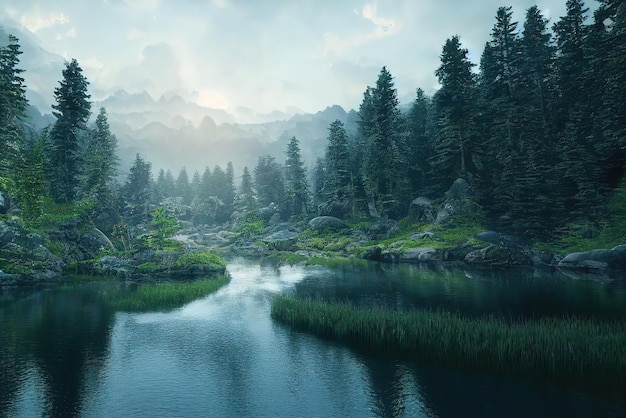 Une peinture d'une rivière entourée de montagnes
