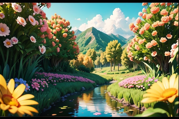 Une peinture d'une rivière avec des fleurs et des montagnes en arrière-plan.