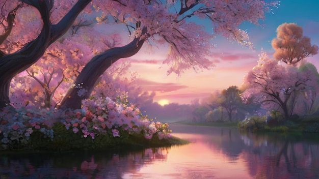 une peinture d'une rivière avec des fleurs roses et un coucher de soleil