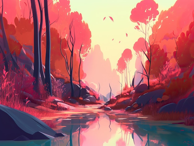 Une peinture d'une rivière avec une forêt en arrière-plan en plein air explorez l'illustration de voyage