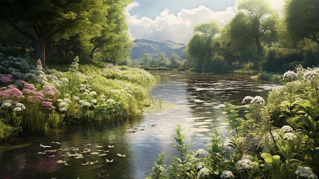 peinture d'une rivière avec une forêt et des fleurs au premier plan IA générative