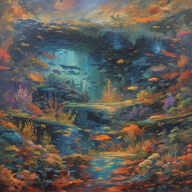 une peinture d'une rivière et d'une forêt