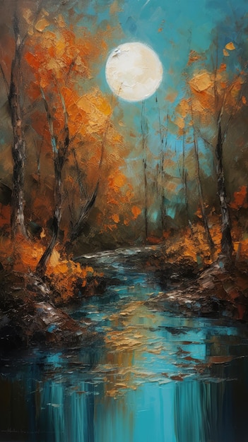 Une peinture d'une rivière avec une lune dans le ciel