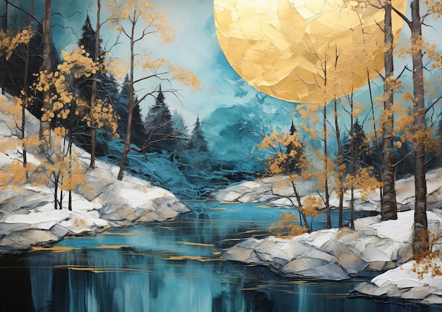peinture d'une rivière avec une lune pleine à l'arrière-plan