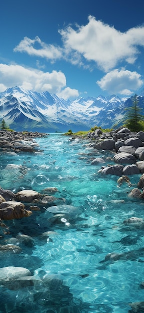 peinture d'une rivière de montagne avec une chaîne de montagnes en arrière-plan