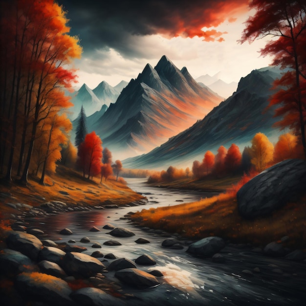 Une peinture d'une rivière avec des montagnes et des arbres en arrière-plan.