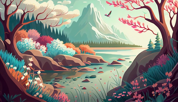 Une peinture d'une rivière avec des montagnes en arrière-plan