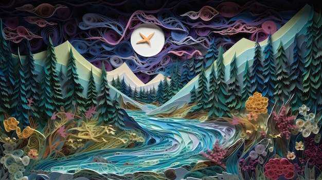 Une peinture d'une rivière avec des montagnes en arrière-plan.