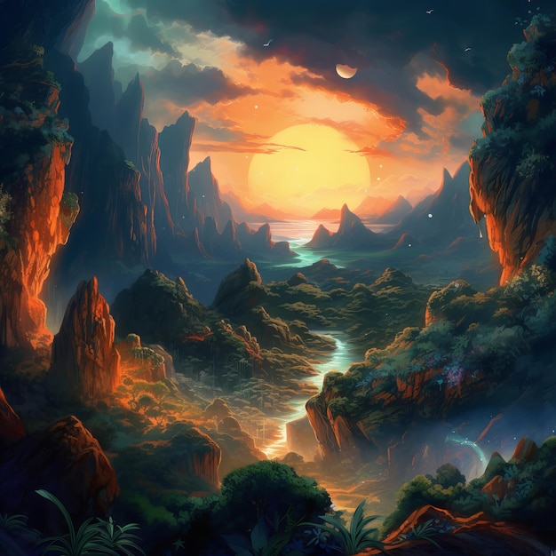 Une peinture d'une rivière et de montagnes avec un coucher de soleil en arrière-plan