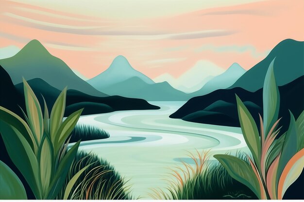 Photo une peinture d'une rivière avec des montagnes et une vallée verte en arrière-plan.