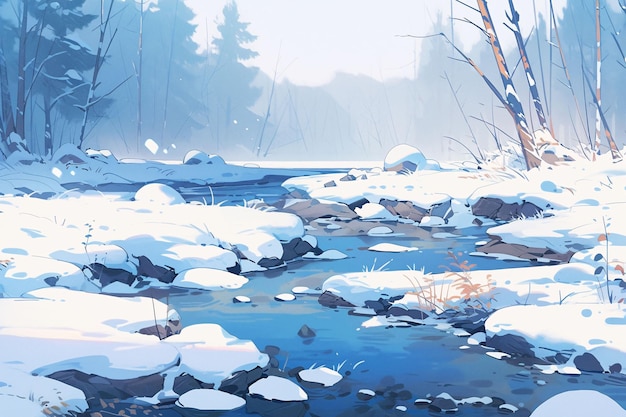 une peinture d'une rivière avec de la neige et des arbres en arrière-planIllustrations de fortes chutes de neige en hiver