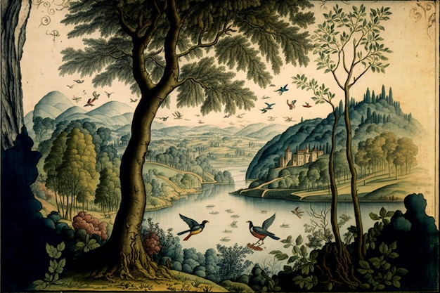 Peinture d'une rivière avec des oiseaux qui la survolent et un château au loin ai génératif