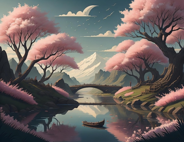 Une peinture d'une rivière avec un pont et un bateau avec une lune dessus.