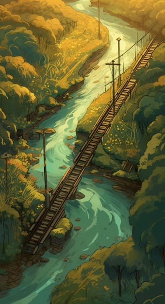 Une peinture d'une rivière avec un pont qui dit "la rivière est visible".
