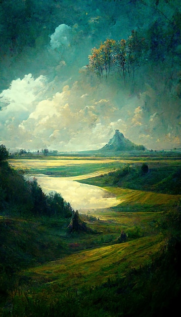 Peinture d'une rivière qui traverse un champ vert luxuriant ai générative