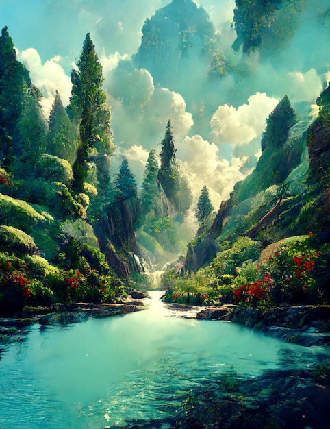 Peinture d'une rivière qui traverse une forêt verdoyante ai générative