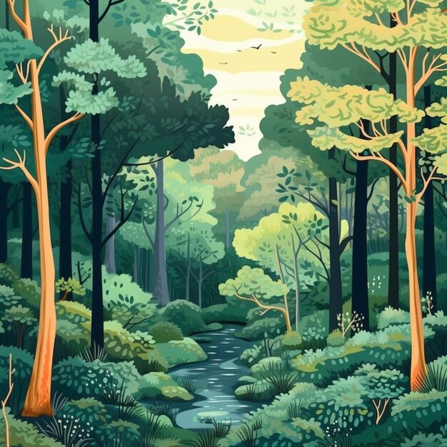 Une peinture d'une rivière qui traverse une forêt verdoyante ai générative