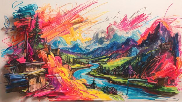 une peinture d'une rivière avec une rivière et des montagnes en arrière-plan