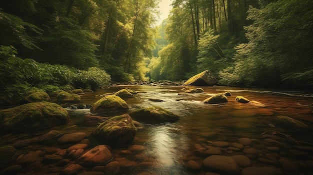 Une peinture d'une rivière avec des rochers et des arbres au premier plan.