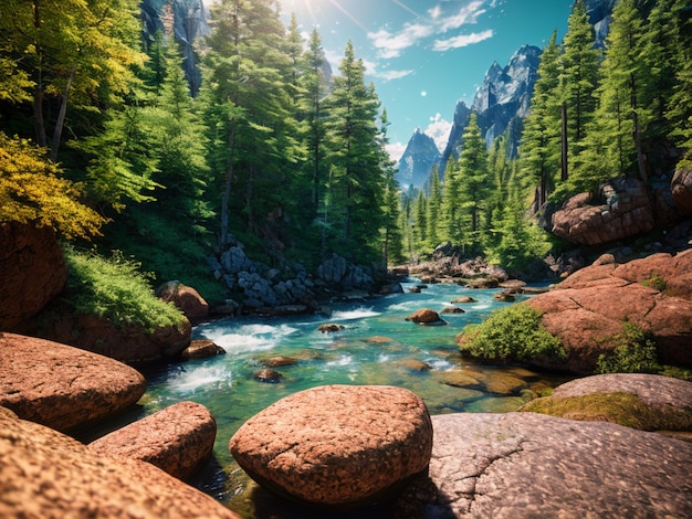 Une peinture d'une rivière avec des rochers au premier plan et une forêt en arrière-plan.
