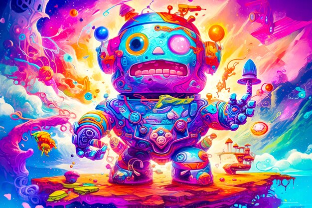 Photo peinture d'un robot coloré avec beaucoup de bulles et de bulles autour de lui ia générative