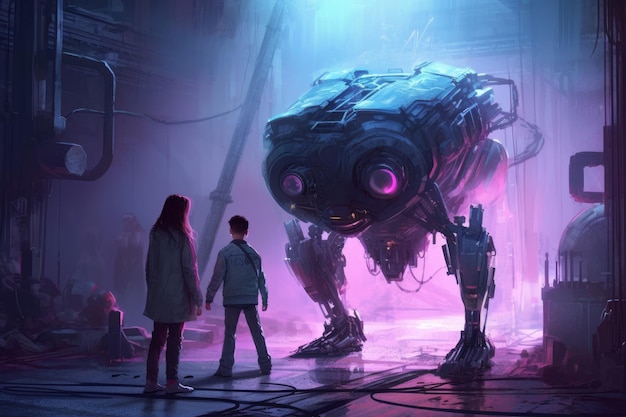 Une peinture d'un robot dans une ville sombre.