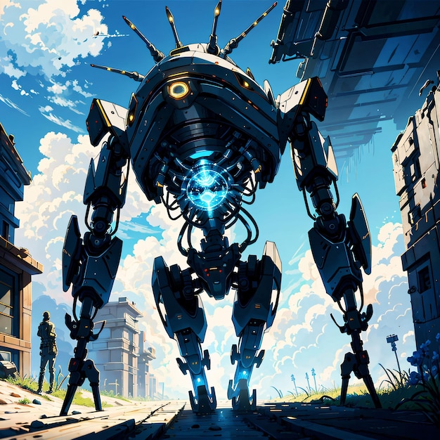 Une peinture d'un robot avec un fond de ciel bleu.