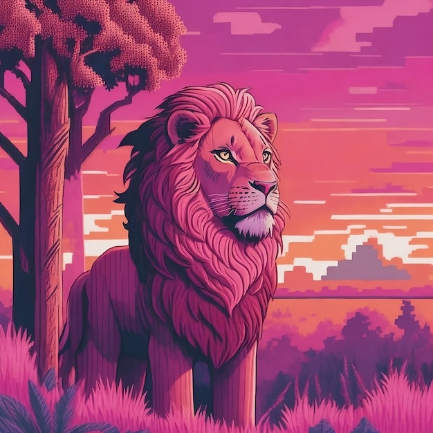 une peinture d'un roi lion avec un ciel rose en arrière-plan