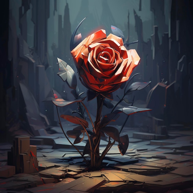 Photo peinture de rose abstraite en 3d une rose qui pousse sur des fissures de pierre