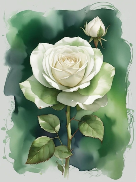 Photo une peinture d'une rose blanche avec des feuilles vertes et un fond vert