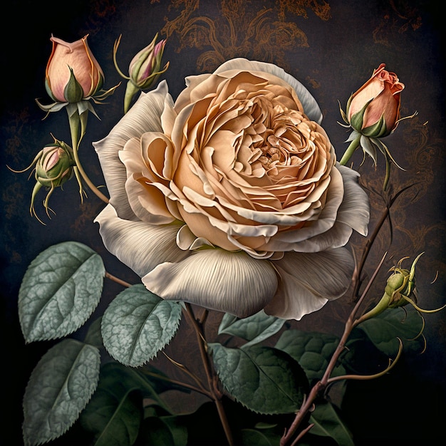 Une peinture d'une rose avec une feuille verte dessus