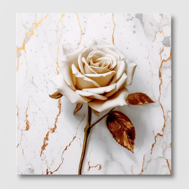 Une peinture d'une rose avec des feuilles d'or sur une surface en marbre.