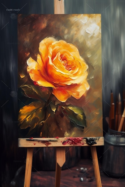 peinture d'une rose jaune sur un chevalet avec un pinceau génératif ai