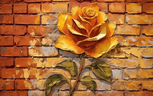 peinture d'une rose jaune sur un mur de briques avec une tige verte générative ai