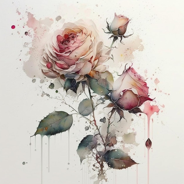 Une peinture d'une rose rose avec une tige et des feuilles vertes.