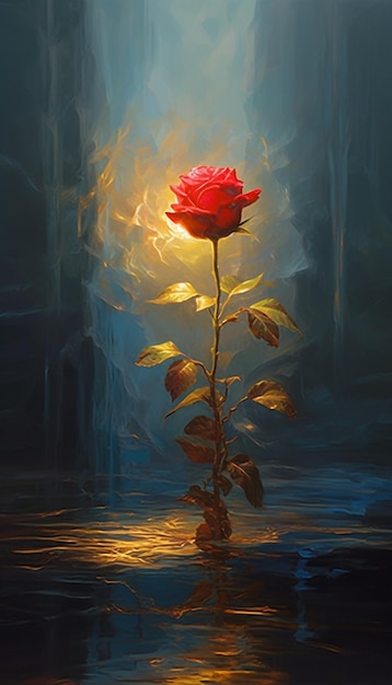 Une peinture d'une rose rouge avec une feuille d'or dessus.