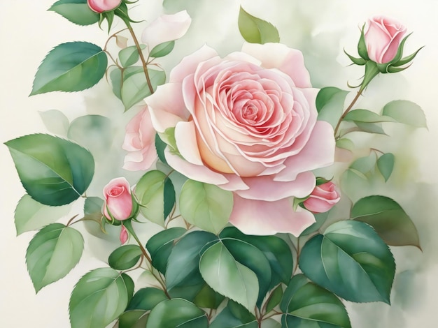 une peinture de roses aux feuilles vertes