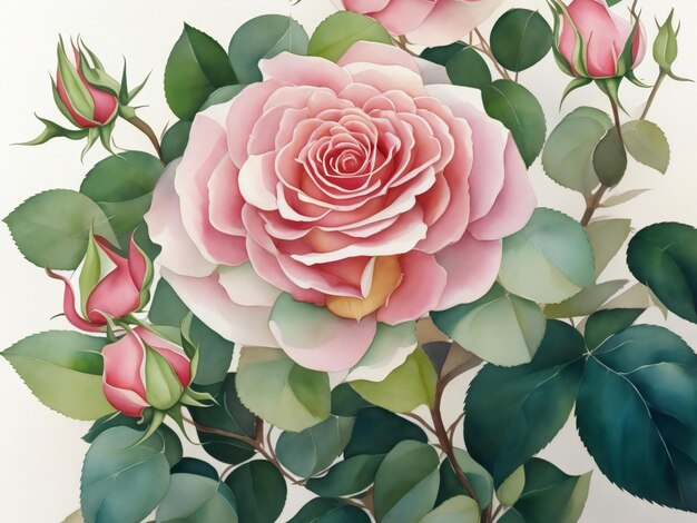 une peinture de roses aux feuilles vertes