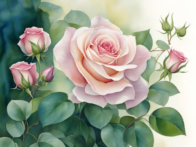 une peinture de roses aux feuilles vertes