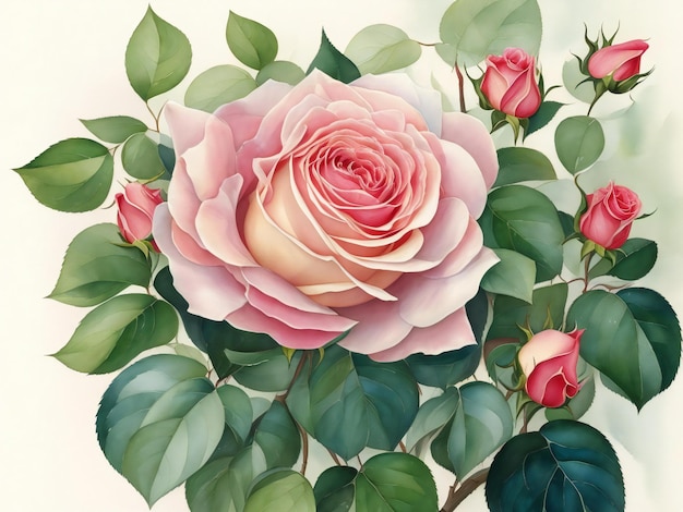 une peinture de roses aux feuilles vertes