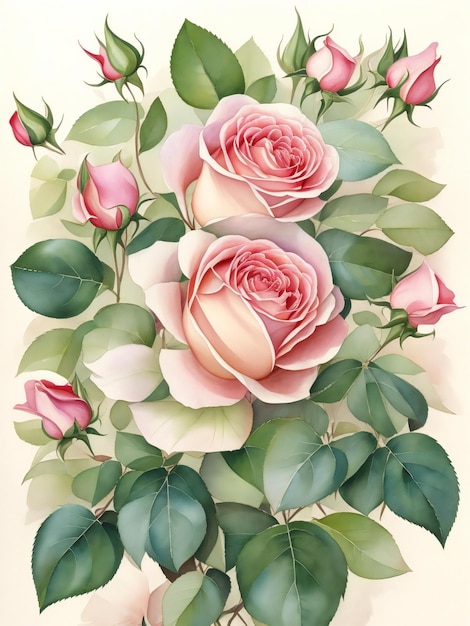 une peinture de roses aux feuilles vertes