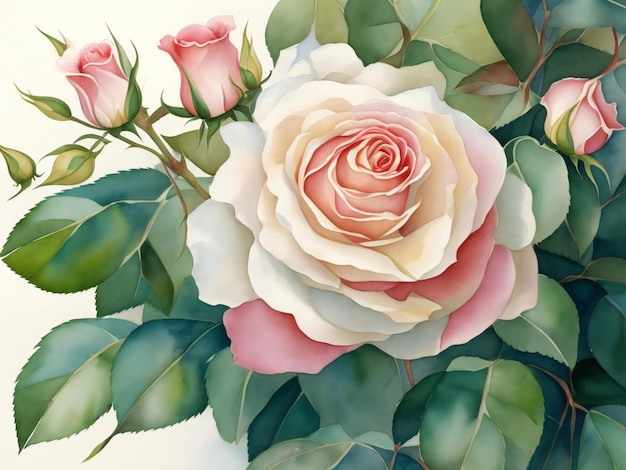 une peinture de roses aux feuilles vertes