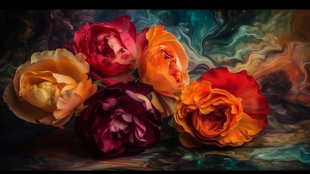 Photo une peinture de roses avec une couleur sombre et un fond fluide ondulé