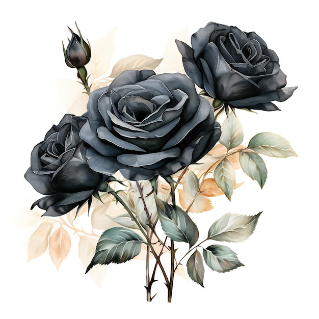 une peinture d'une roses noires avec des feuilles et des branches.