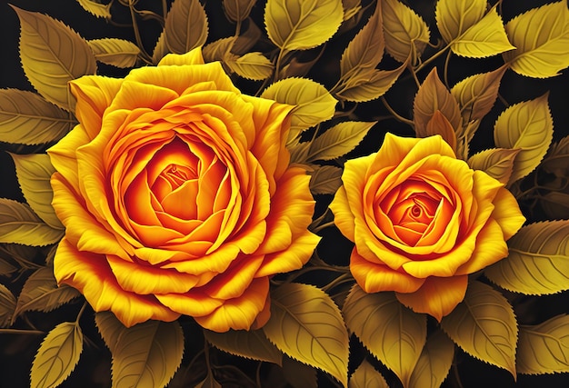 Une peinture de roses oranges avec des feuilles vertes sur le fond.