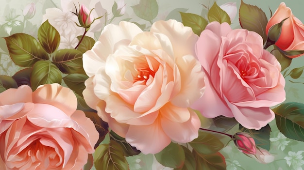 Une peinture de roses roses et blanches avec des feuilles vertes.