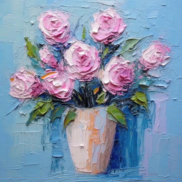 Une peinture de roses roses dans un vase bleu