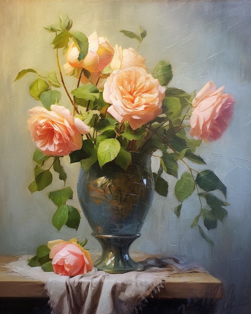 une peinture de roses roses dans un vase avec un tissu blanc en dessous.