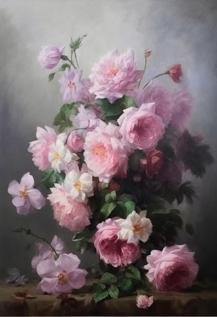 Une peinture de roses roses dans un vase