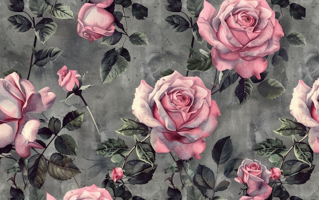 une peinture de roses roses avec des feuilles vertes et des feuilles roses